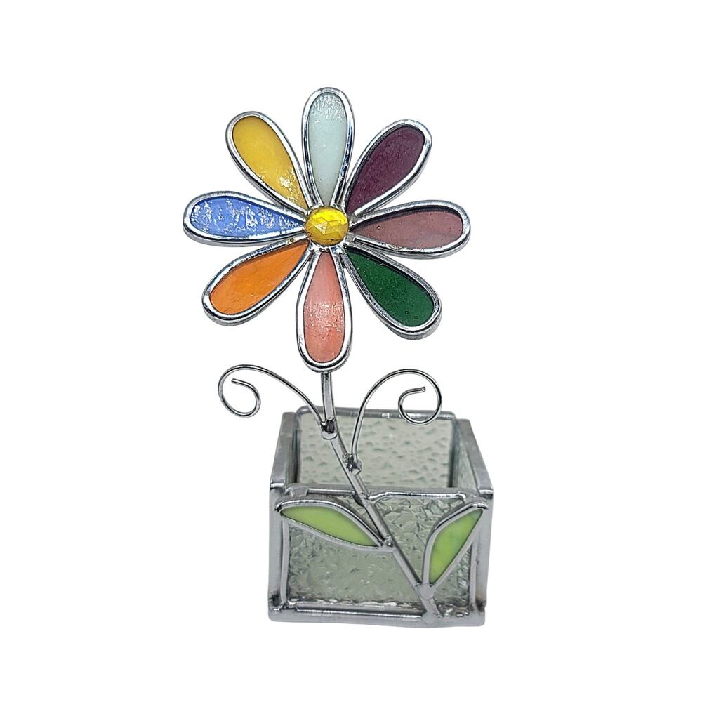 Vtg Flower Multicolor Votive Candle Trinket Box Desk Pen Holder Stained Glass 7"